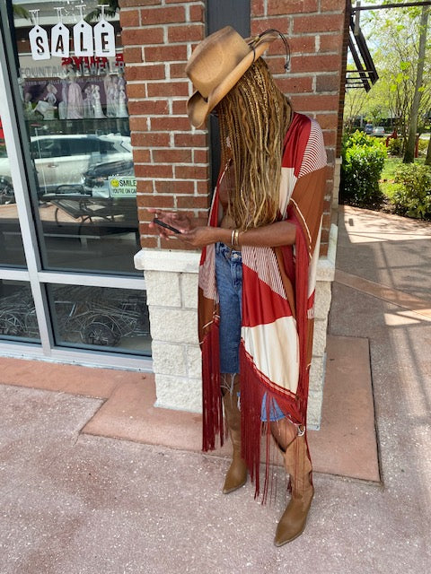 Burnt Orange Printed Fringe Kimono